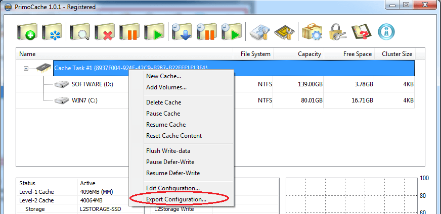 PrimoCache Export Cache: context menu