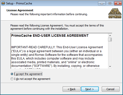PrimoCache Installation Wizard Page EULA