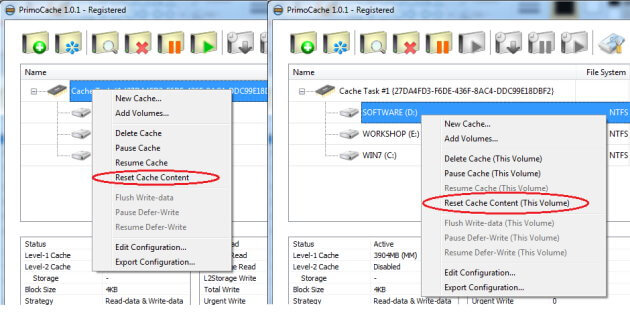 PrimoCache Operate Cache: reset cache content