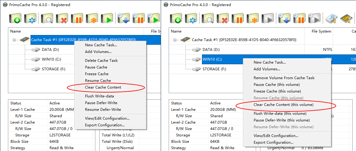 PrimoCache Operate Cache: reset cache content