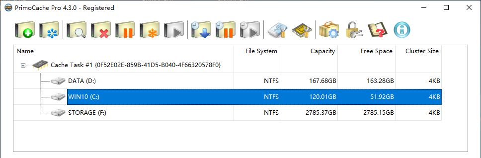 PrimoCache Operate Cache: highlight a volume